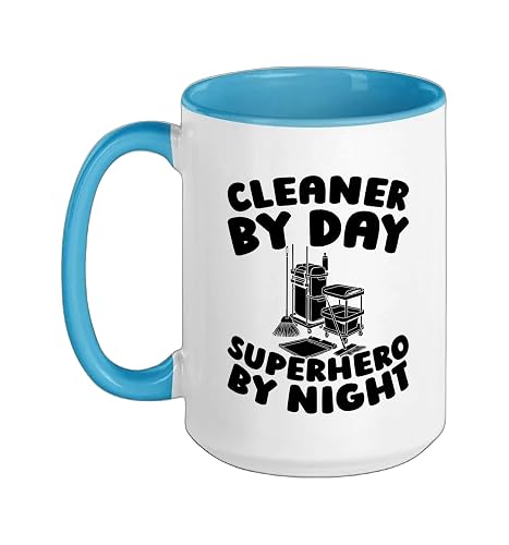 Cleaner Janitorial Housekeeping - Sanitation Cleaner Ceramic Mug, Blue/White, 15oz