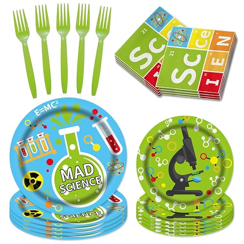 96 Pcs Science Party Decorations Tableware Set for Kids Teens Baby Shower Includes Plates Napkins Forks Chemistry Laboratory Themed Birthday Theme Party Supplies for 24 Guests