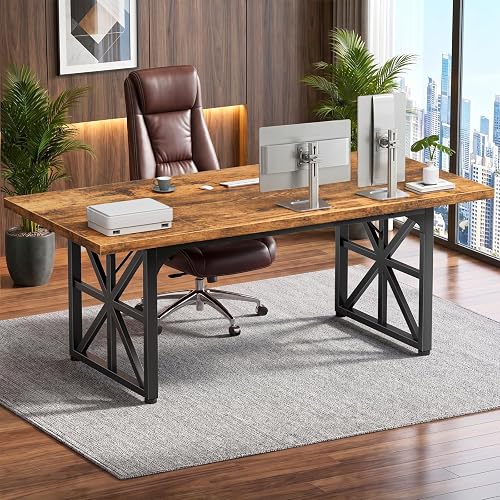 71" Executive Desk, Large Office Computer Table for Home Work, Rustic Brown | Industrial Dning Table for 6-8 People with X Metal Legs, Heavy Duty Boardroom Workstation Conference Table