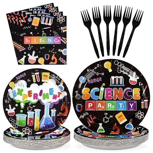 Grencian 96 Pcs Science Party Supplies for Kids Little Scientist, Serves 24 | 350 GSM Science Plates and Napkins Disposable Tableware Set Mad Scientist Dinnerware for Little Scientist Decoration Favors