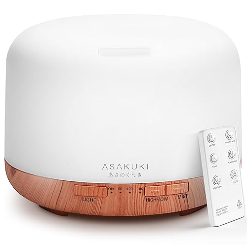 ASAKUKI Essential Oil Diffuser for Home, 500ML Aromatherapy Humidifier | with Remote Control, 7 Color LED Lights, Quiet Cool Mist Diffuser for Bedroom, Living Room, Office (Yellow)