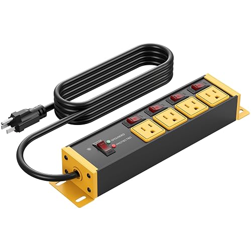 CCCEI Heavy Duty Surge Protector, 20A Individual Switches, Yellow, 25FT, 1 | 12 Gauge Grounded Extension Cord with Multiple Outlets, Wall Mount Power Strip for Garage, Plug Extender.