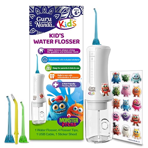 GuruNanda Kids Water Flosser Cordless, Braces-Friendly, Ages 6+, White, 1ct | Portable Kids Flosser|4 Modes|4 Tips|2-Min Smart Timer|BPA-Free|IPX7 Waterproof|22-Days Battery|Travel Water Flosser