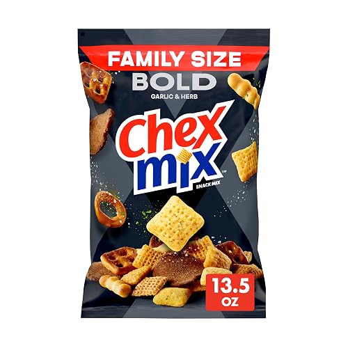 Chex Mix Bold Garlic & Herb Snack Mix, Family Size, 13.5 oz | Corn & Wheat Chex, Rye Chips, Mini Breadsticks, 2 Kinds of Pretzels, 50% Less Fat than Regular Potato Chips