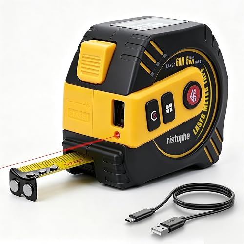 ristophe 2-in-1 Laser Tape Measure, 197Ft Rechargeable Laser Measuring Tool & 16Ft Measuring Tape with LCD Display - Pythagorean, Area, Volume Digital Tape Measure for Construction & DIY (M/in/Ft)