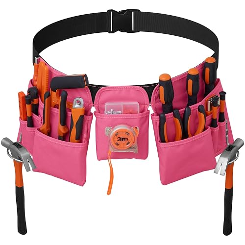 KOYYTO 19 Pocket Tool Belts - Gardening Belt with Quick Release Buckle,Adjustable Utility Belt,Work Apron for Men and Women,for Gardening,Electrician,Carpenter,Construction Tool Belt,Gifts (Pink)