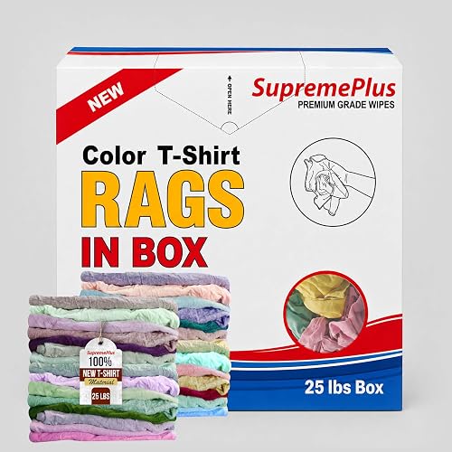 SupremePlus Premium Cotton Knit T-Shirt Cleaning Cloths, 25 lb Box of Rags, Durable & Lint-Free Cleaning Rags Bulk for Auto, Oil, Staining & Polishing, Mechanic Rags for Industrial Use (CBX)