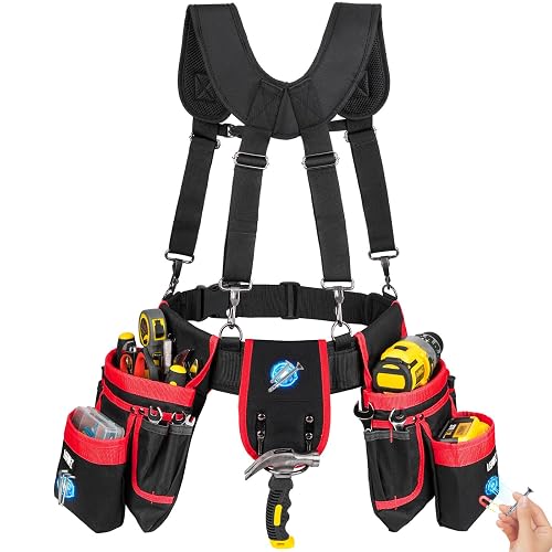 Tool Belt with Suspenders,27-Pockets Heavy Duty Tool Belts for Men with Magnetic Tool Pouch,Detachable & Adjustable Work Belt Bag for Electrician,Carpenter,Construction,Utility Toolbelt,Black,Red