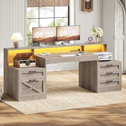 SEDETA 63" Executive Office Desk with 5 Drawers, Grey | Farmhouse Computer Desk with LED Lights & Monitor Stand, Wood Home Office Desk with 2 Printer Stand & Power Outlet