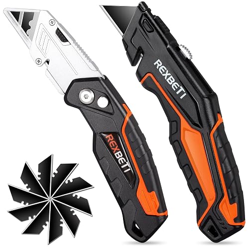 REXBETI Box Cutter 2-Pack, Utility Knife with Blade Storage, 18 Blades | Folding Utility Knife with Push Button, Retractable Box Cutter with Auto-Lock, SK5 Anti-Rust Blades, Quick Change for Packing