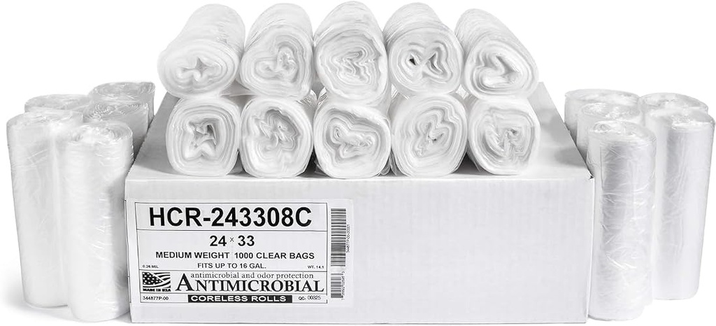 Aluf Plastics 12 - 16 Gallon Clear Trash Bags (1000 Count) - 24" x 33" - 8 Micron Equivalent High Density Value Garbage Bags for Bathroom, Office, Industrial, Commercial, Janitorial, Recycling