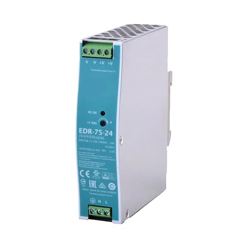 TorqCali EDR-75-24 75W 24V 3.2A Single Output Industrial DIN Rail Power Supply, Constant Current Limiting, Overload and Overvoltage Protection, -40°C to +70°C Operating Temperature