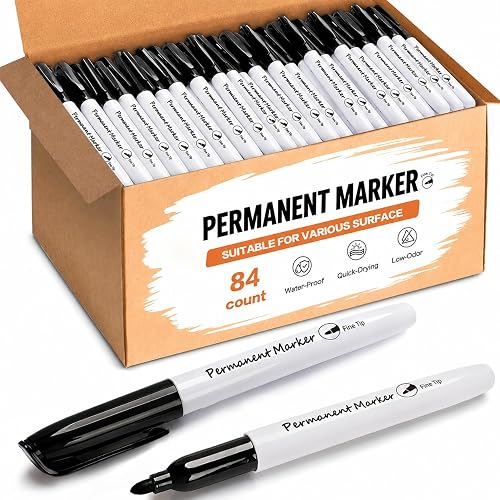 TomeLosise 84 Permanent Markers Bulk, Fine Tip Black Markers | Quick Dry Waterproof Markers for Plastic, Glass, Wood & Metal, Back to School Supplies, Office, Home & Warehouse