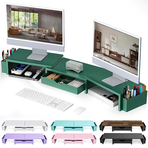 gianotter Dual Monitor Stand Riser With Drawer and 2 Pen Holders | Computer Monitor Stand Desk Organizer and Accessories Desk Shelf for Top of Desk (Green)