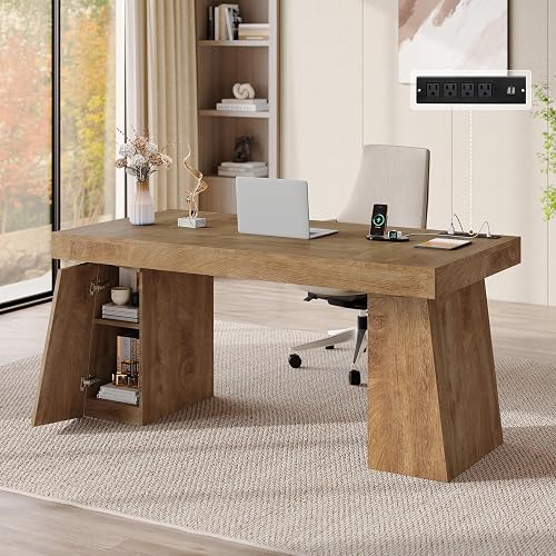 Weiplehoom 55" Wood Executive Desk with Storage, Home Office Desk | Wood Computer Desk with Power Outlets, Mid-Century Modern Business Workstation for Working, Writing, Studying Oak