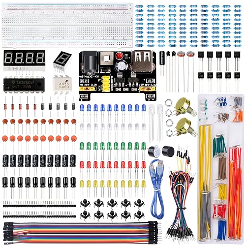 Miuzei Electronics Component Kit with Breadboard Compatible with Arduino | Power Supply Module, Jumper Wires, Potentiometer, Resistor, LED, 400+ Components, Starter Kit for Raspberry Pi, STM32, DIY