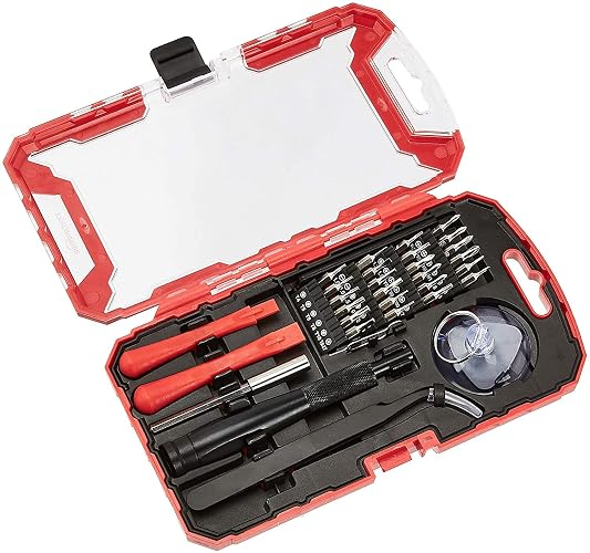 Amazon Basics Precision Screwdriver Set, 32-Piece Electronics Repair Tool Kit for Laptops, Smartphones, Eyeglasses, Watches, Magnetic Tip, Red