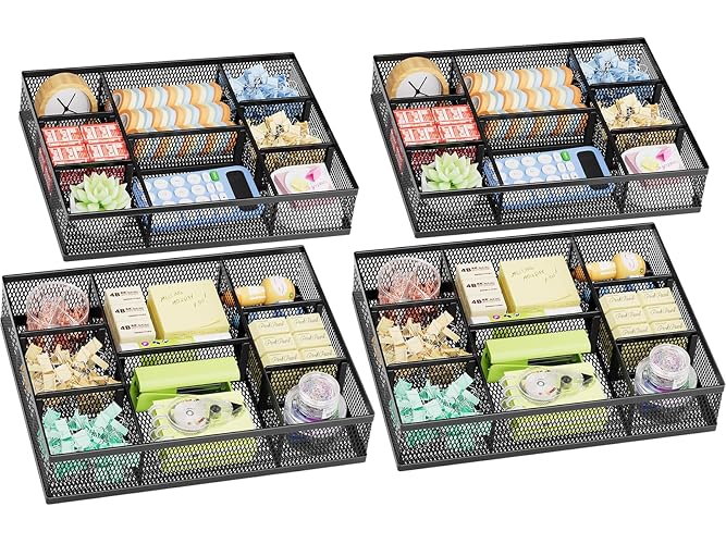 Marbrasse 2 Pack Desk Drawer Organizer, Mesh Drawer Organizer Tray with 8 Adjustable Compartments, Desk Organizers and Accessories, 5 Dividers Drawer for Office Supplies, Makeup & Vanity (Black-2P)