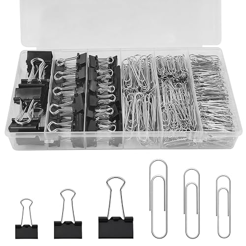 350 Pcs Paper Clips and Binder Clips,Office Clips Set, Large Binder Clips,Assorted Sizes Set, Black Metal Office Clips, Paper Clamps, for Office and School Supplies