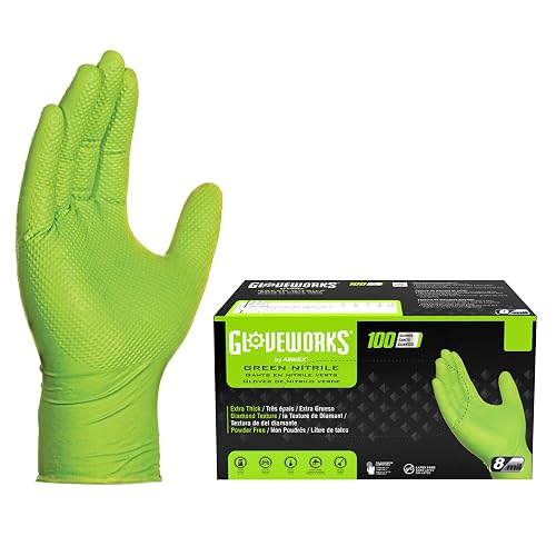 GLOVEWORKS HD Green Nitrile Industrial Disposable Gloves, 8 Mil, Latex-Free, Raised Diamond Texture, Large, Box of 100