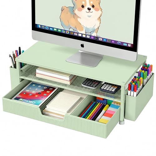 ECOLOVI Desk Organizer and Accessories, 2-Tier Computer Monitor Stand Rise with Storage Drawer & 2 Pen Holders, Laptop & Printer Stand for Desktop, Workspace Organizers for Office Supplies (Sage Green)