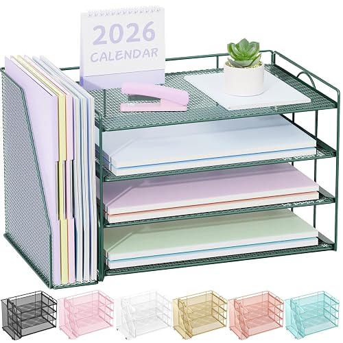 Spacrea 4-Tier Paper Organizer for Desk with File Organizer | Desk Organizers and Accessories Desk Accessories & Workspace Organizers for Office Supplies (Dark Green)