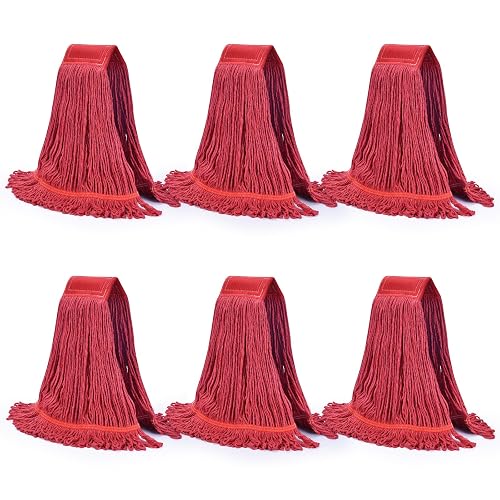 Onesimus Synthetic Rayon Mop Head Replacement, Chemical Resistant Heavy Duty Commercial Mops for Floor Cleaning and Finishing, 5 Inch Wide Headband, Large Size 24 oz, 6 Pack Red
