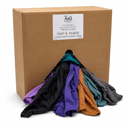 Ted's Supply Colored T Shirt Rags 10 lb Box Recycled Cotton Blend Shop Rags for Oil Grease Paint Automotive Industrial General Cleaning