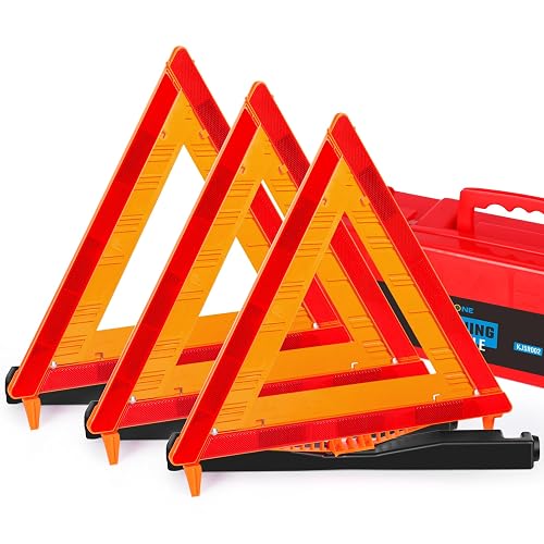 Noone 3 Pack Safety Triangles DOT Approved | Foldable Warning Reflective Triangles, US FMVSS 571 125 with Carrying Case, Heavy Base Emergency Roadside Triangles