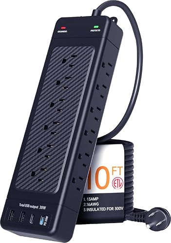 NANOLAKE Surge Protector Power Strip 10ft Cord/High Joules Surge Protection (4800J) /Heavy Duty/Multiple outlets/Mountable/18AC/15A/USB A+C(PD20W),Flat Plug, Commercial,Industrial,Office,Home,Black
