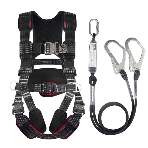 QFU Full Body Safety Harness & Fall Protection Kit with Padded Straps, ANSI Compliant, Includes Shock-Absorbing Lanyard for Roofing, Construction and Industrial Use