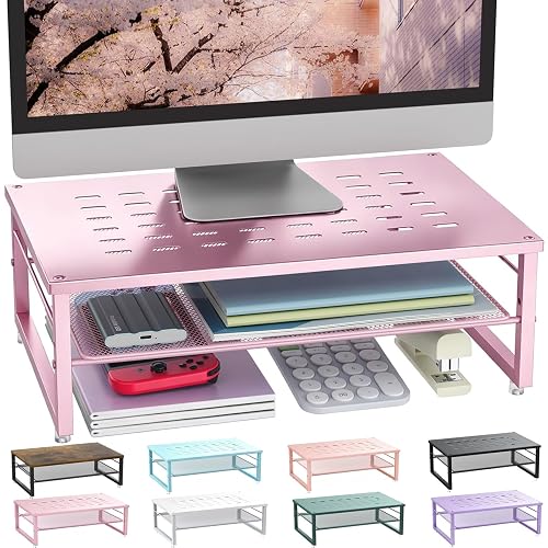 gianotter 2-Tier Metal Monitor Stand Riser | Desk Organizers and Accessories, Desk Organizer for Monitor, Office Desk Storage Organizer for Office Supplies (Pink)