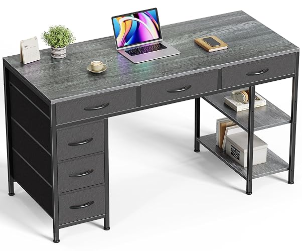 Huuger Computer Desk with 6 Drawers, Office Desk with Shelves, Reversible Gaming Desk, Corner Desk with Storage, Work for Home Office, Study, Living Room, 47inch, Grey