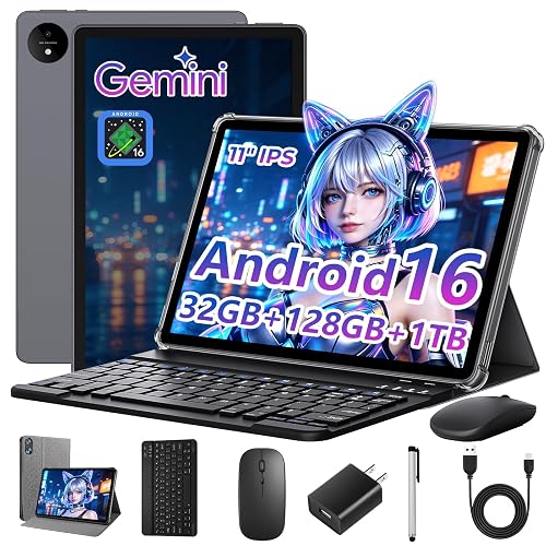 UBDXBD 2026 Android Tablet with Keyboard, 11 inch Android 16 Tablet | 32GB+128GB+1TB Expand, Electronic Tablet with Octa Core Processor, Gemini AI,5G WiFi,8000mAh,GPS,GMS, with Case/Mouse/Stylus