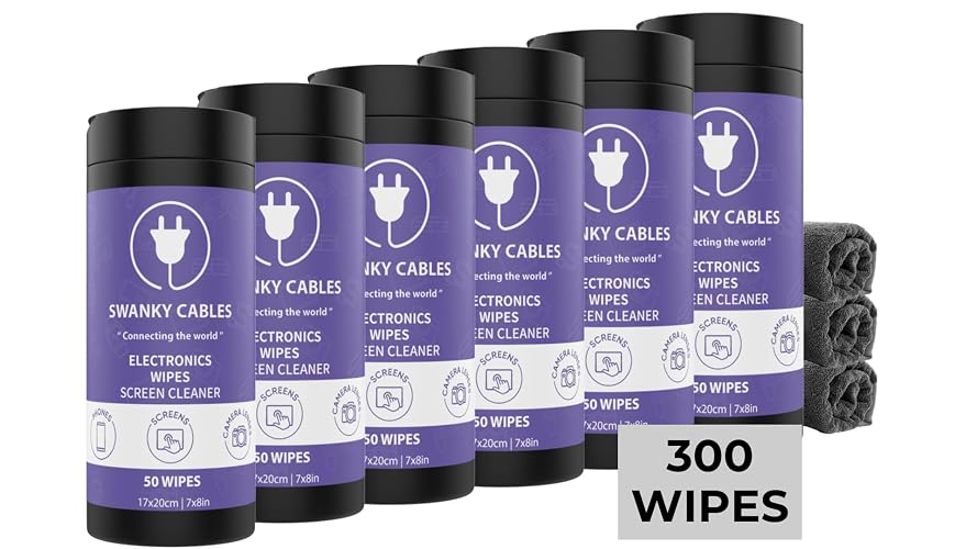 Swanky Cables Screen Cleaner Wipes: Electronic Wipes for Screens - Computer Screen Wipes for Lens, Phone, Tv Screen and Monitor Cleaning - Tech Wipes & Microfiber Cloth (Canister, 300 Count)