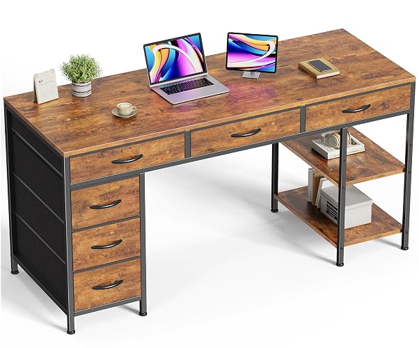 Huuger Computer Desk with 6 Drawers, Office Desk with Shelves, Reversible Gaming Desk, Corner Desk with Storage, Work for Home Office, Study, Living Room, 54inch, Rustic Brown