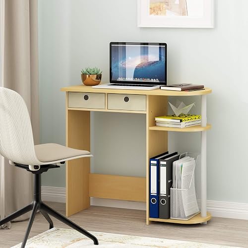 Furinno Go Green 32-Inch Computer Desk with 2-Tier Shelf, Light Beech | Storage Bins, Rectangular, Office Desk, Writing Desk, Gaming Desk for Dorm, Home Office, Bedroom, Study Room