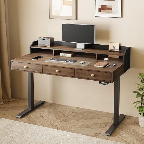 ModernMate Standing Desk with 3 Drawers, 48 x 26 Inches | Height Adjustable Desk with Monitor Shelf, Electric Stand Up Table with Storage for Home and Office, Black Walnut
