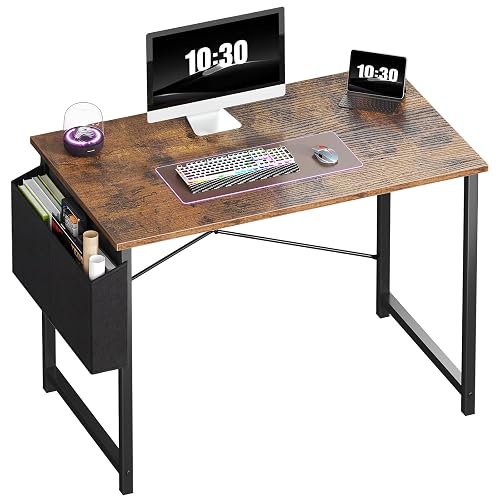 OLIXIS Small Computer Desk, 40 Inch Gaming Desks for Home Office | Writing Study Craft Work Table, Computer Workstation for Bedroom Small Spaces with Storage Bag, Brown