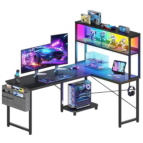 Coleshome L Shaped Gaming Desk with Hutch & LED Light | Reversible 53 Inch Black Corner Computer Table, Adjustable Shelf, CPU Stand, Storage Bag, Steel Hook, for Home Office