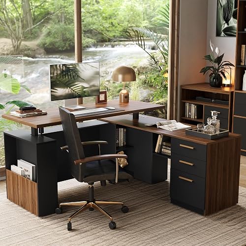 L Shaped Standing Desk with File Drawers, 1.18" One Piece Desktop | Height Adjustable 63'' Executive Office Desk with Power Outlets, Privacy Panel, Modern Home Office Computer Table