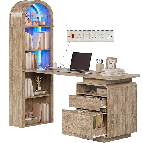 YITAHOME 59" Computer Desk, Oak | LED Lights & Power Outlets, Bookshelf, File Drawer & Storage Shelves, USB Ports