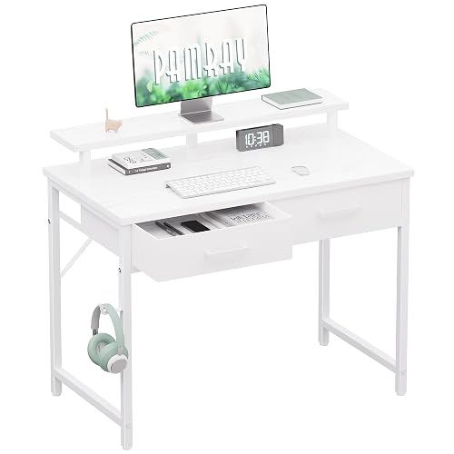 Pamray 32 Inch Small Computer Desk with Monitor Stand and 2 Drawers | Small Gaming Desk, for Bedroom Apartment and Dorm, for Study Work and Writing, Small Spaces, Sturdy, Easy Assembly