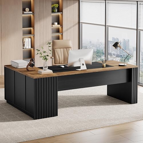 Tribesigns 78" L Shaped Executive Desk with Drawers, Large Office Computer Desk with Cabinet and Storage Shelves, Modern Business Furniture Sets Workstation for Home Office (Brown&Black)