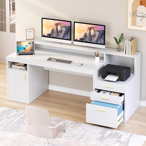 65" White Computer Desk with 3 Drawers & Printer Shelf for Home Office | White Desk with Printer Shelf & File Drawer, Executive Desk Writing Study Table with Monitor Stand, Storage Cabinet