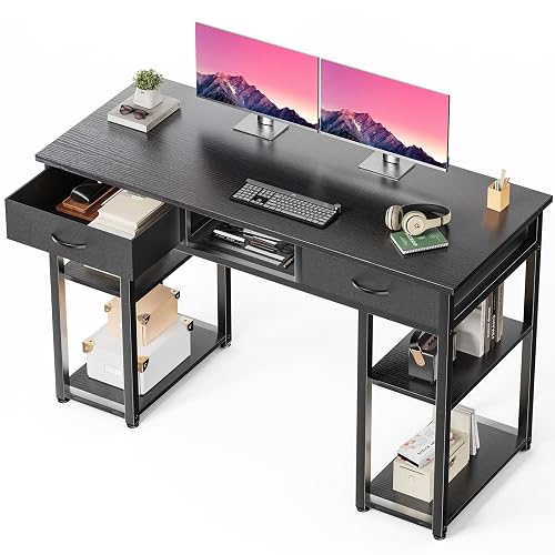 DUMOS 48-Inch Computer Desk with Drawers and Hook, Black | Home Office Desk for Bedroom, Gaming Writing Study Desk with Adjustable Feet
