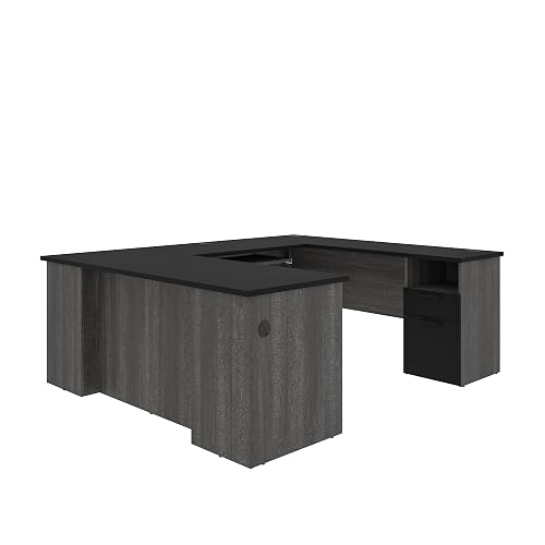 Bestar Norma U or L-Shaped Desk, 71W, Black & Bark Gray | 1 file drawer; for home office use; Engineered Wood construction