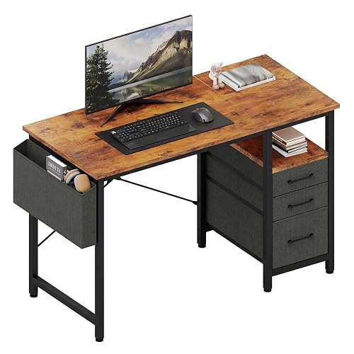 DUMOS 39 Inch Small Computer Desk with Storage, Fabric Drawers,Brown | Writing Table, Side Pocket, Space Saving Workstation, Home Office, Gaming Setup, Dorm Apartment