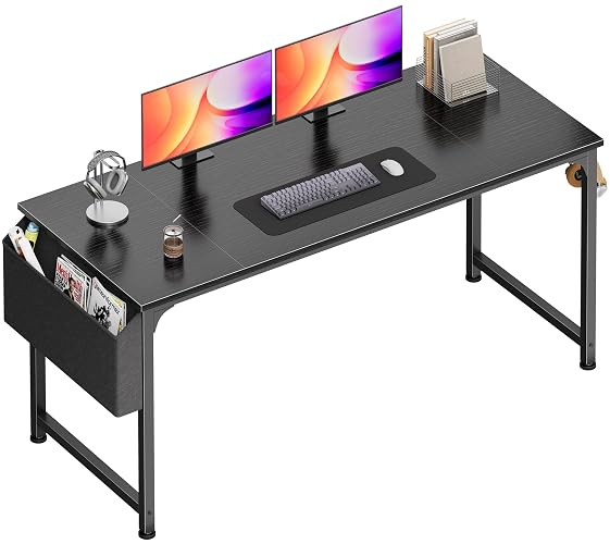 PRAISUN 55'' Computer Desk with Fabric Storage Bag | Office Desk with Durable Desktop, Large Gaming Desk, Writing Work Study Desk for Bedroom, Home Office, Black
