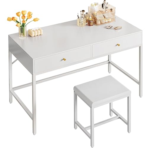 SUPERJARE 43-inch White Desk with 2 Drawers and Padded Stool | Modern Makeup Vanity & Computer Desk with Storage for Home Office, Bedroom Study